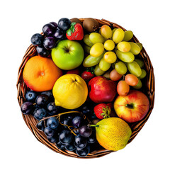 Wicker basket with different fruits on white background, top view with clipping path