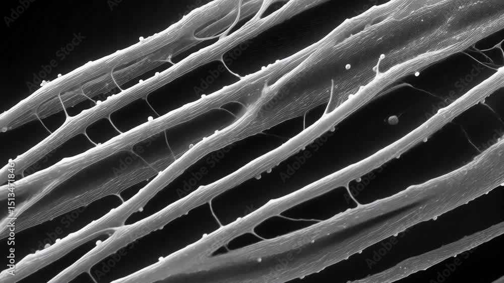 Poster microscopic view of branching gray fiber structure with small spheres on a dark background shows int