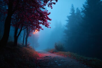 Fototapeta premium Misty Nightfall Path Through the Forest