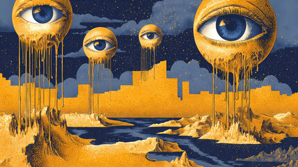 symbolic design for conceptual poetry | time disintegration | lucid paranoia | gold ochre and midnight blue | dispersed dreamscape | eyeballs in sky | dripping time deformation | melting form