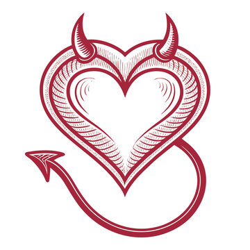 Design a bold, vector illustration of a heart with devil horns, featuring a heavy black stroke outline.  Maintain clean lines and sharp edges.
