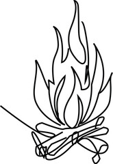 single line icon of camp fire  Bonfire burning on firewood sign. isolated on white background, Vector Illustration
