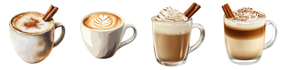 Set of Cinnamon milk coffee with cream and cinnamon stick in a mug, isolated on transparent background. 