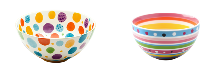 Set of Colorful bowl with cute patterns, isolated on transparent background.
