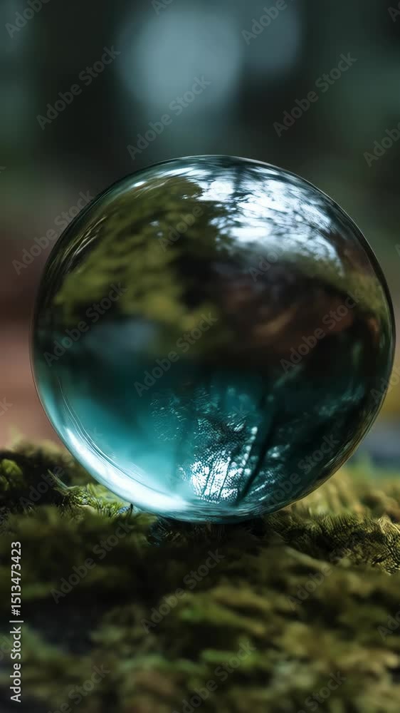 Poster crystal ball resting on green moss reflecting trees in a tranquil forest environment, creating abstr