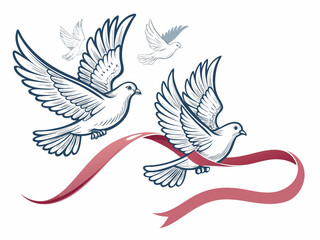 Create a vector illustration of two doves in flight, bold outlines, strong contrast, detailed wings, minimalist style.