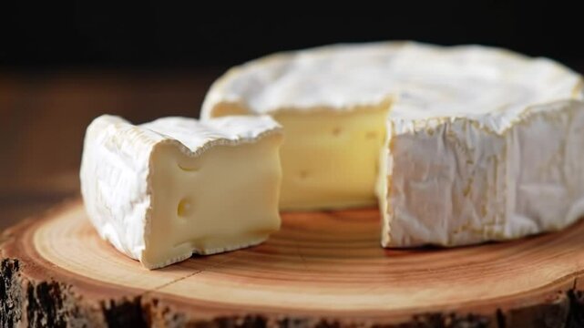 Creamy Brie Cheese on a Rustic Wooden Cutting Board with Soft Yellow Interior Detail