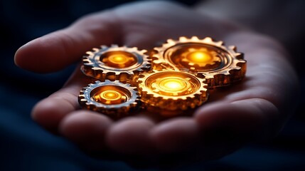 Human hand holding futuristic glowing gears representing potential energy