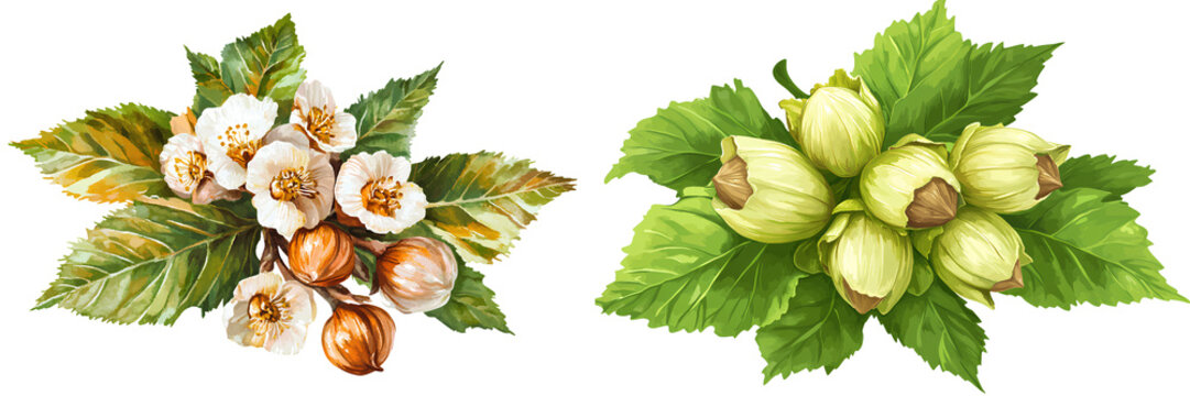 Set of hazelnut with leaves, isolated on transparent background.