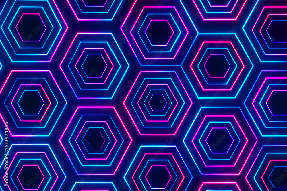 Poster a vibrant hexagonal pattern illuminated in neon pink and blue lights, creating a striking and modern