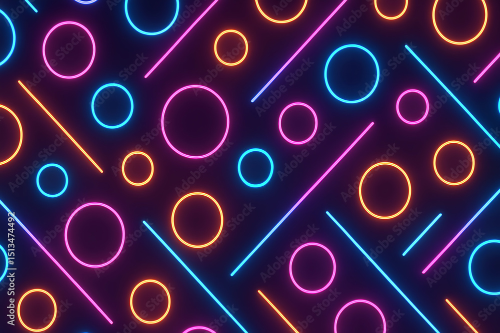 Poster a vibrant seamless pattern featuring neon shapes, including circles and lines on a dark background. 