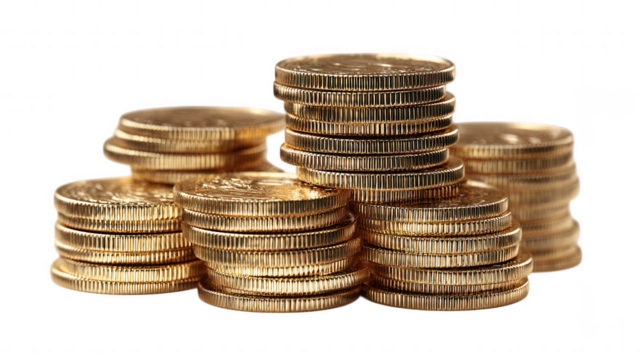 Stacks of shiny gold coins isolated on transparent background, PNG