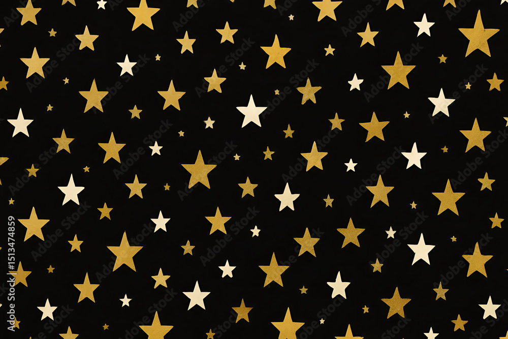 Poster a captivating pattern of golden and white stars on a black background, perfect for adding a touch of
