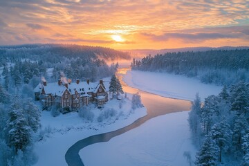 Winter wonderland mansion by frozen river