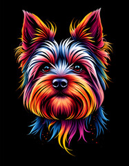 Vibrant digital illustration of a Yorkshire Terrier with colorful, flowing fur on a black background. Expressive and artistic dog portrait in a modern, pop-art inspired style