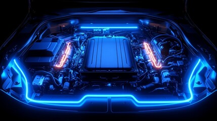 A futuristic engine glows with neon accents, showcasing cutting-edge automotive design