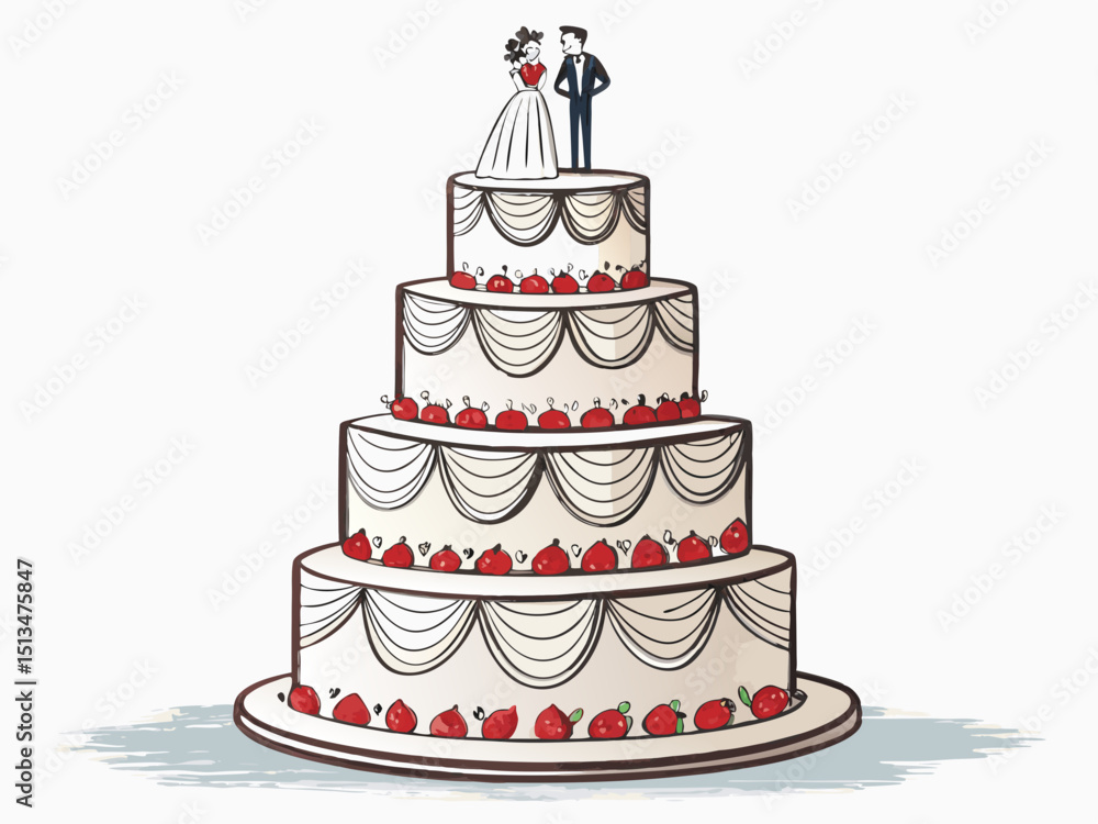 Poster create a vector illustration of a bold-stroked, three-tiered wedding cake with intricate detailing. 