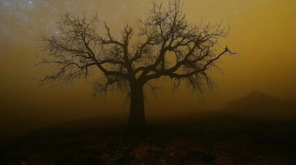 Silhouette of Bare Tree Standing Under Starry Night Sky in a Foggy Landscape