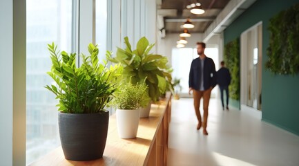 Modern Office Corridor with Plants and People