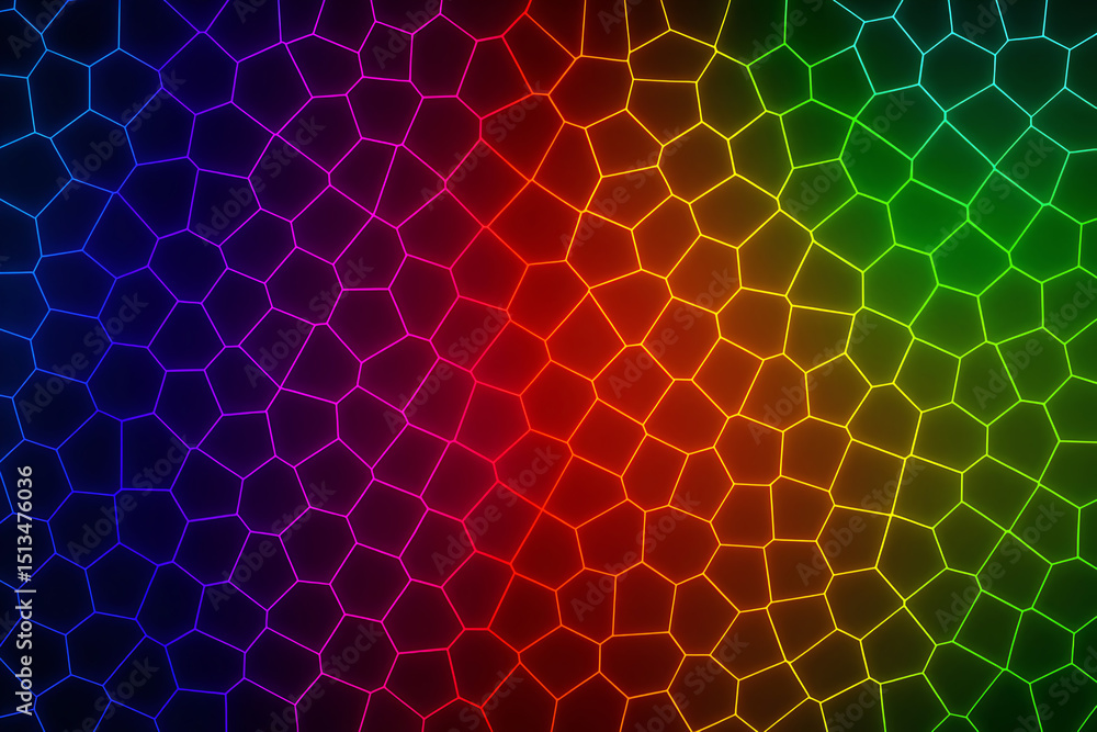 Poster a vibrant hexagonal pattern showcasing a spectrum of colors from deep purple to bright green, perfec
