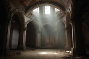Obraz premium Ruined Church Interior with Sunlight Rays