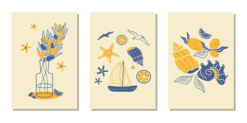 Abstract modern poster with shells, sailboat, lemons, olive bouquet. Summer holidays in Italy. Elegant vector design for postcards, banners, menus, covers and more.