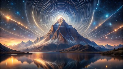 Majestic mountain peak under a starry sky with celestial trails and lake reflection