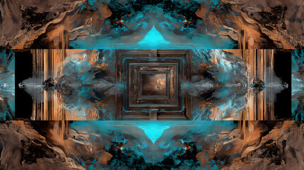 conceptual design for time paradox | spiritual distortion | dreamlike confusion | burnt sienna and cyan | recursive frame composition | elongated limbs | temporal liquefaction | melting form modeling