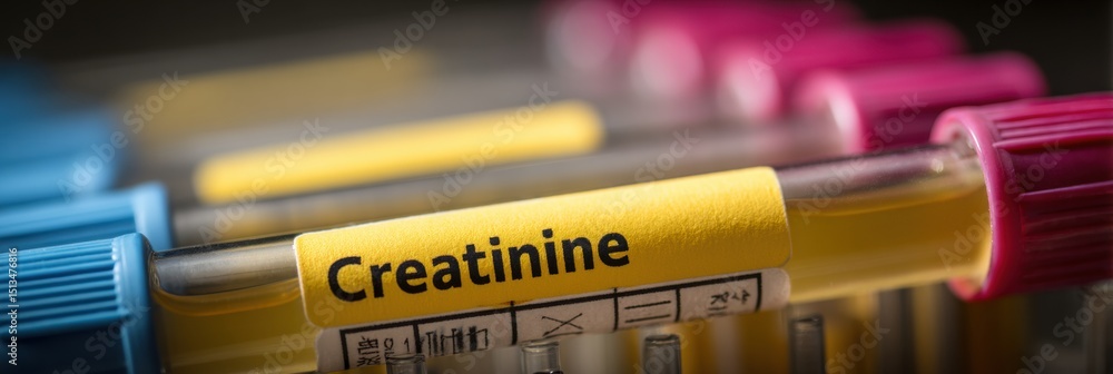 Poster test tubes labeled creatinine in a medical lab setting with a focus on laboratory procedures and ana