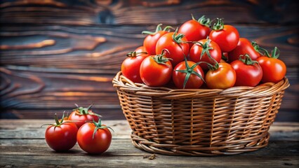 Fresh red tomatoes piled high in a wicker basket