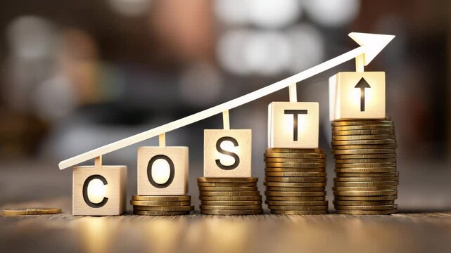 COST Written on a Wooden Cubes. Rising Costs and High Interest Rates Impact with Financial Challenges and Expense Growth. Budget Analysis, Inflation and Cost Management. Business Cubes Video.