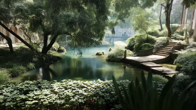 Lush green landscape with peaceful pond, stone path steps, vibrant foliage, and sunlight filtering through trees creates serene nature scene