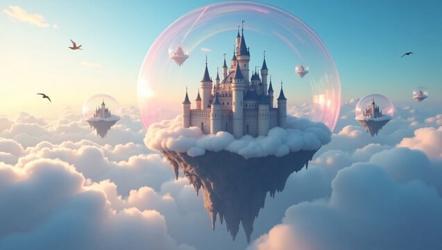 Majestic fantasy castle on floating island in a bubble, surrounded by dreamy clouds and other flying bubble islands in a magical, ethereal sky at sunrise.