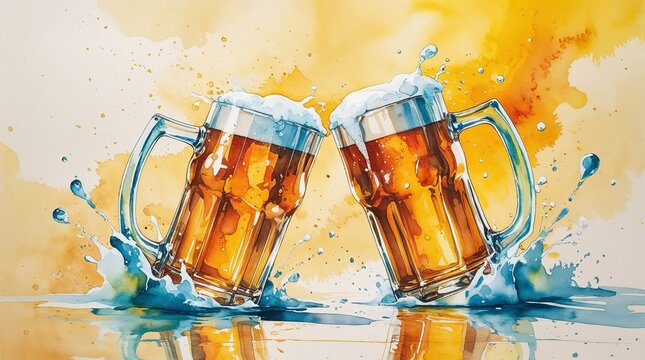 Title: Two beer mugs clinking joyfully with splashes on a colorful background for Beer Day celebration