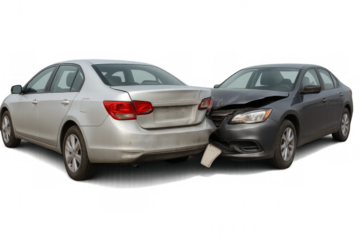 Two sedans colliding in rear-end collision with transparent background