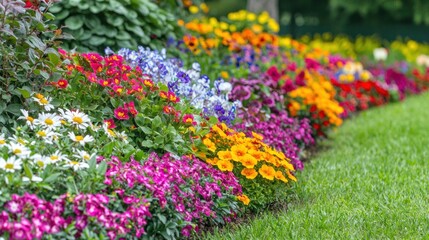 A colorful array of flowering bushes creating a lush garden scene.