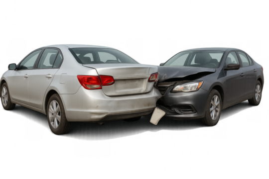 Two sedans colliding in rear-end collision with transparent background