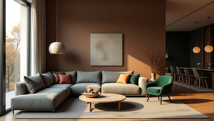 modern living room with white walls and scandinavian furniture including sofa plants and desk decor