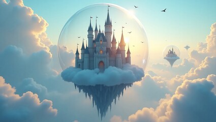 Fantasy castle floating on a cloud, encased in a magical bubble above the clouds, surreal dreamscape sky with warm sunset tones and flying birds.