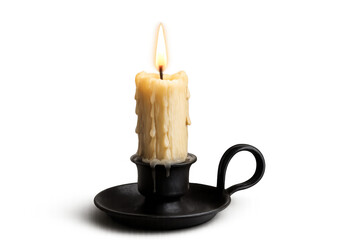 Burning candle with melted wax on transparent background
