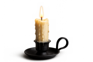 Burning candle with melted wax on transparent background