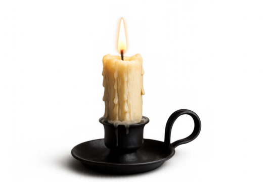 Burning candle with melted wax on transparent background