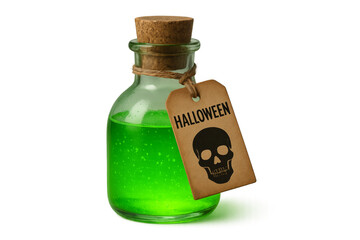 Green halloween potion with cork and label on transparent background