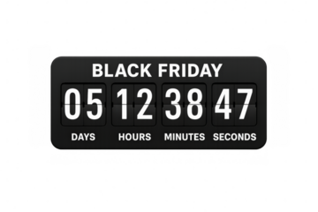 Black friday countdown timer showing days, hours, minutes and seconds on transparent background