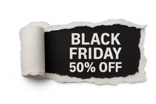 Black friday 50% off sign on torn paper with transparent background
