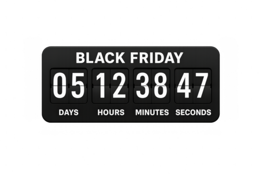 Black friday countdown timer showing days, hours, minutes and seconds on transparent background