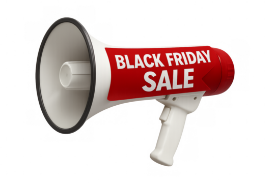 Megaphone promoting black friday sale with transparent background