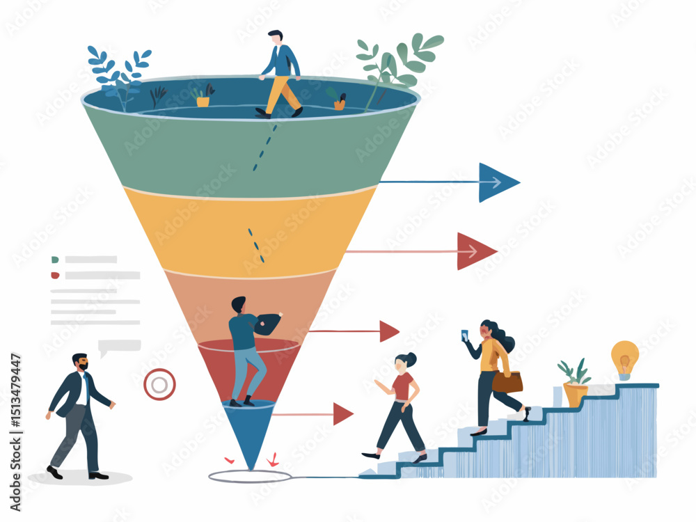 Aufkleber design a bold vector illustration of a sales funnel, emphasizing its stages with strong strokes. inc
