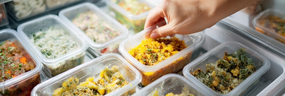 Poster family organizes labeled frozen meals into deep freezer while keeping top section clean and tidy for