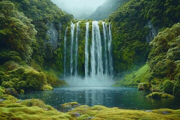 Fototapeta premium Lush waterfall cascading into a serene pool